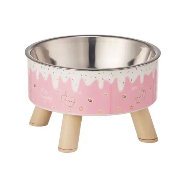 Elevated High Leg Pet Bowl Cartoon Ice Cream Design Stainless Steel Cat Dog Feeding Bowl Neck Support Anti Spill Pet Dish