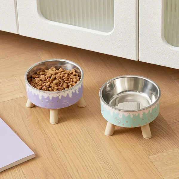 Elevated High Leg Pet Bowl Cartoon Ice Cream Design Stainless Steel Cat Dog Feeding Bowl Neck Support Anti Spill Pet Dish