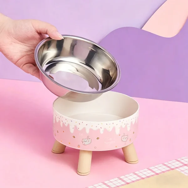 Elevated High Leg Pet Bowl Cartoon Ice Cream Design Stainless Steel Cat Dog Feeding Bowl Neck Support Anti Spill Pet Dish